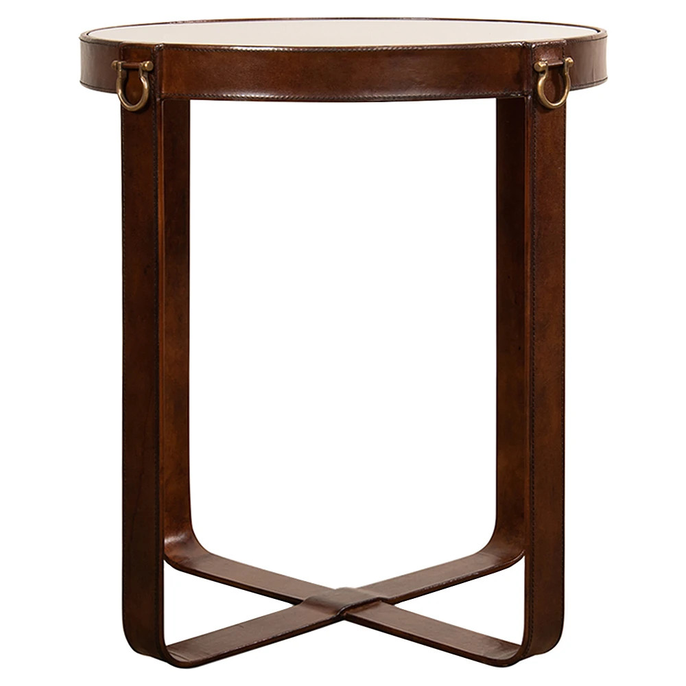 Olympus Rustic Lodge Leather Harness Glass Round Side Table | Kathy Kuo Home
