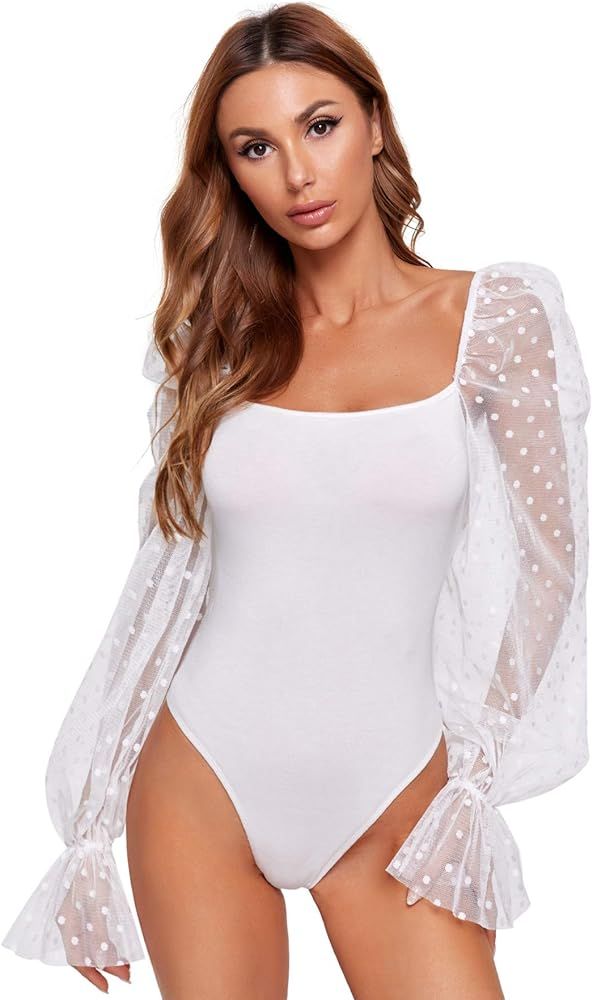 Sheer Puff Sleeve Bodysuit White | Amazon (US)
