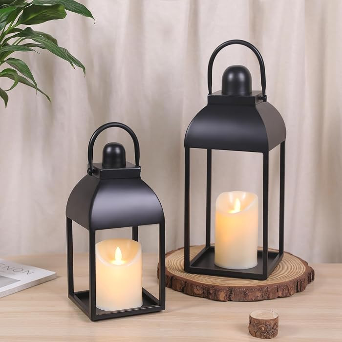 Lanterns Decorative Indoor Outdoor 15" 11" Set of 2 Lantern Decor Black Metal Candle Lanterns wit... | Amazon (US)