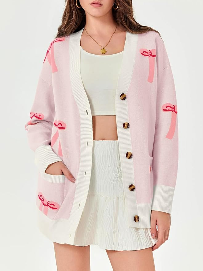 Saodimallsu Womens Oversized Cardigan Sweaters Bow Printed Button V Neck Long Sleeve Loose Knit F... | Amazon (US)