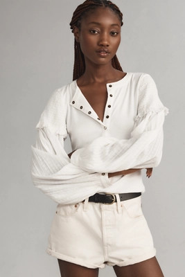 The Andie Ribbed Henley Top by Pilcro: Balloon-Sleeve Edition | Anthropologie (US)
