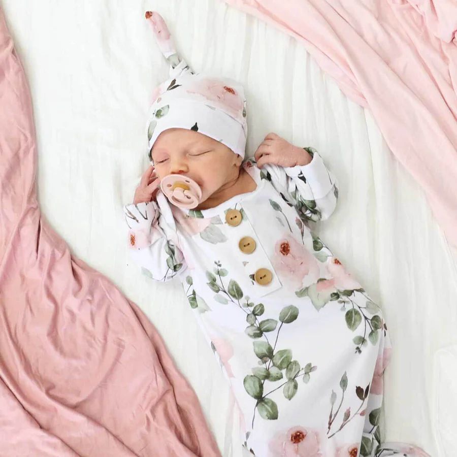 Millie's Dusty Rose Garden Newborn Baby Knot Gown & Hat Set | Caden Lane
