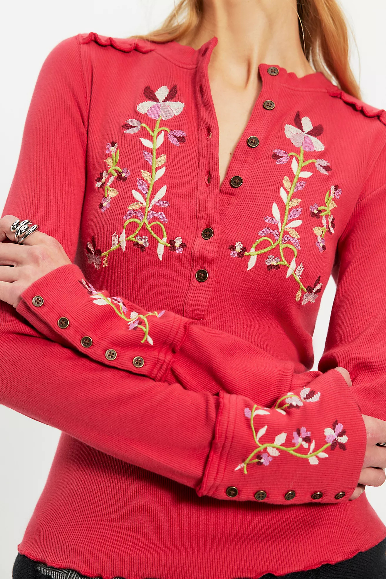 Fleur Embroidered Cuff Henley | Free People (Global - UK&FR Excluded)