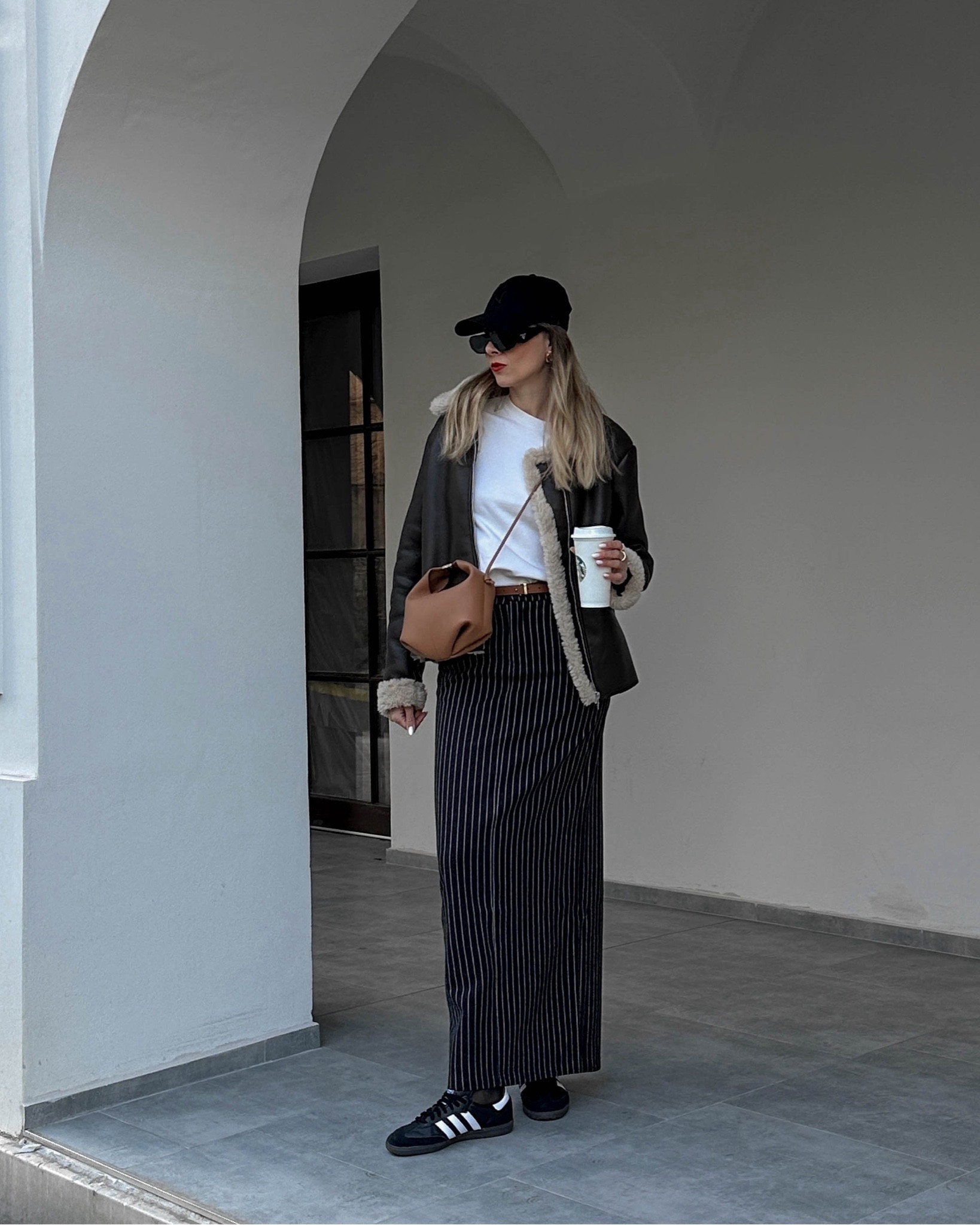 OOTD >> pinstripe maxi skirt, shearling jacket, shearling lined coat, street style, adidas samba

#LTKfindsunder100 #LTKeurope #LTKstyletip