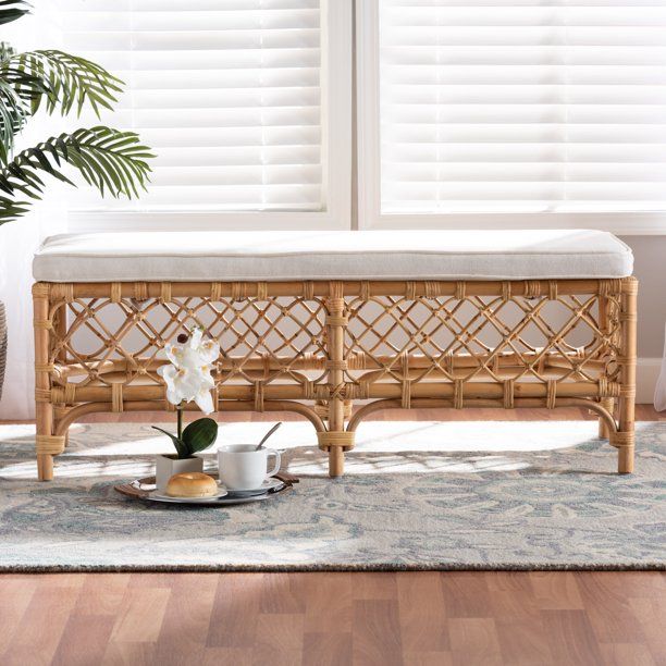 Baxton Studio Orchard Modern Bohemian White Fabric Upholstered and Natural Brown Rattan Bench - W... | Walmart (US)