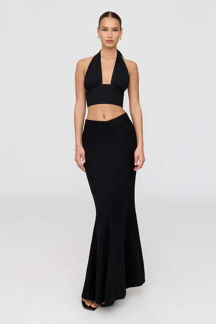 MILOS LINEN BLEND V WAIST MAXI SKIRT - SHADOW BLACK | TALA (UK)