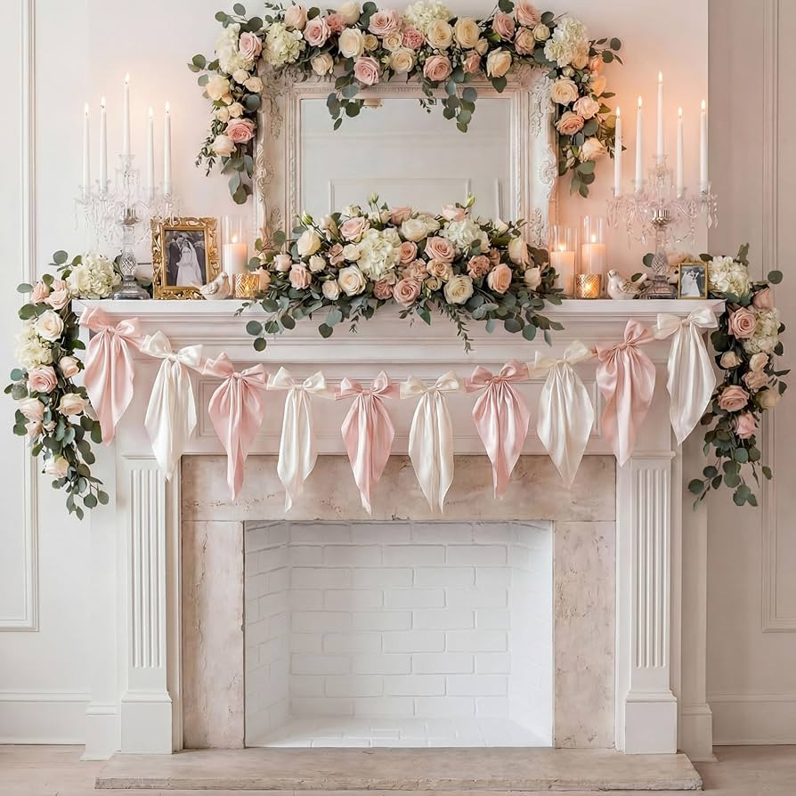 VitalCozy 1 PCS White Pink Bow Garland Banner, Satin Ribbon Hanging Party Bow Garland Decoration ... | Amazon (US)