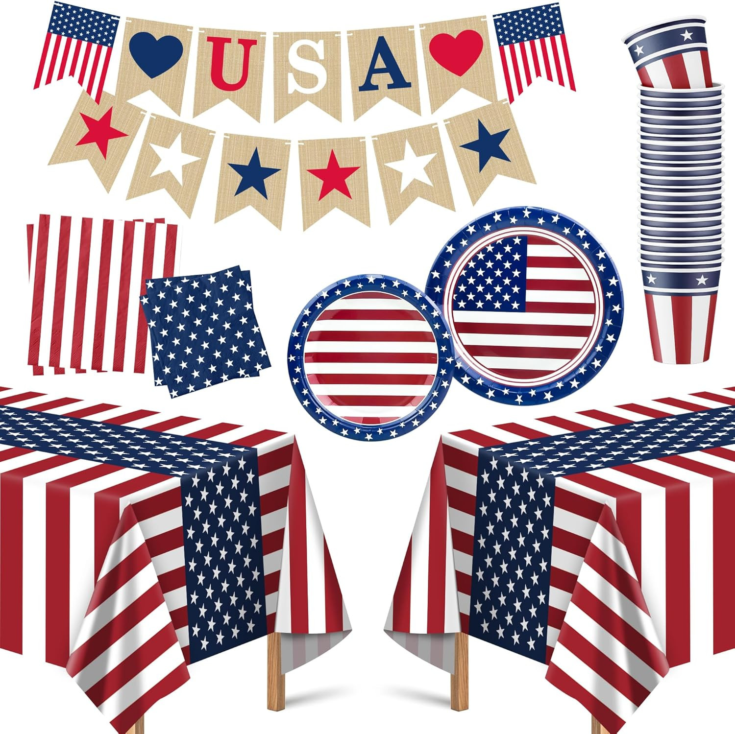 OHOME Fourth of July Decorations - Serve 24 - Patriotic Plates Tablecloth Napkins Cups Banner | 4... | Amazon (US)