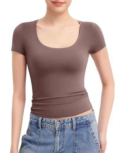 PUMIEY Women's T Shirts Short Sleeve Scoop Neck Basic Going Out Tops Fashion Slim Fit Tee Smoke C... | Amazon (US)