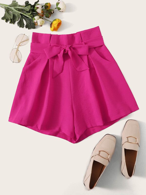 SHEIN Neon Pink Paperbag Waist Shorts | SHEIN