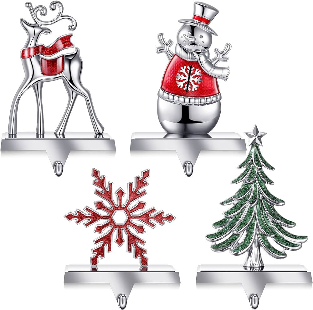 Zhengmy Set of 4 Christmas Stocking Holders for Mantle Reindeer Snowflake Snowman Pine Tree Metal... | Amazon (US)