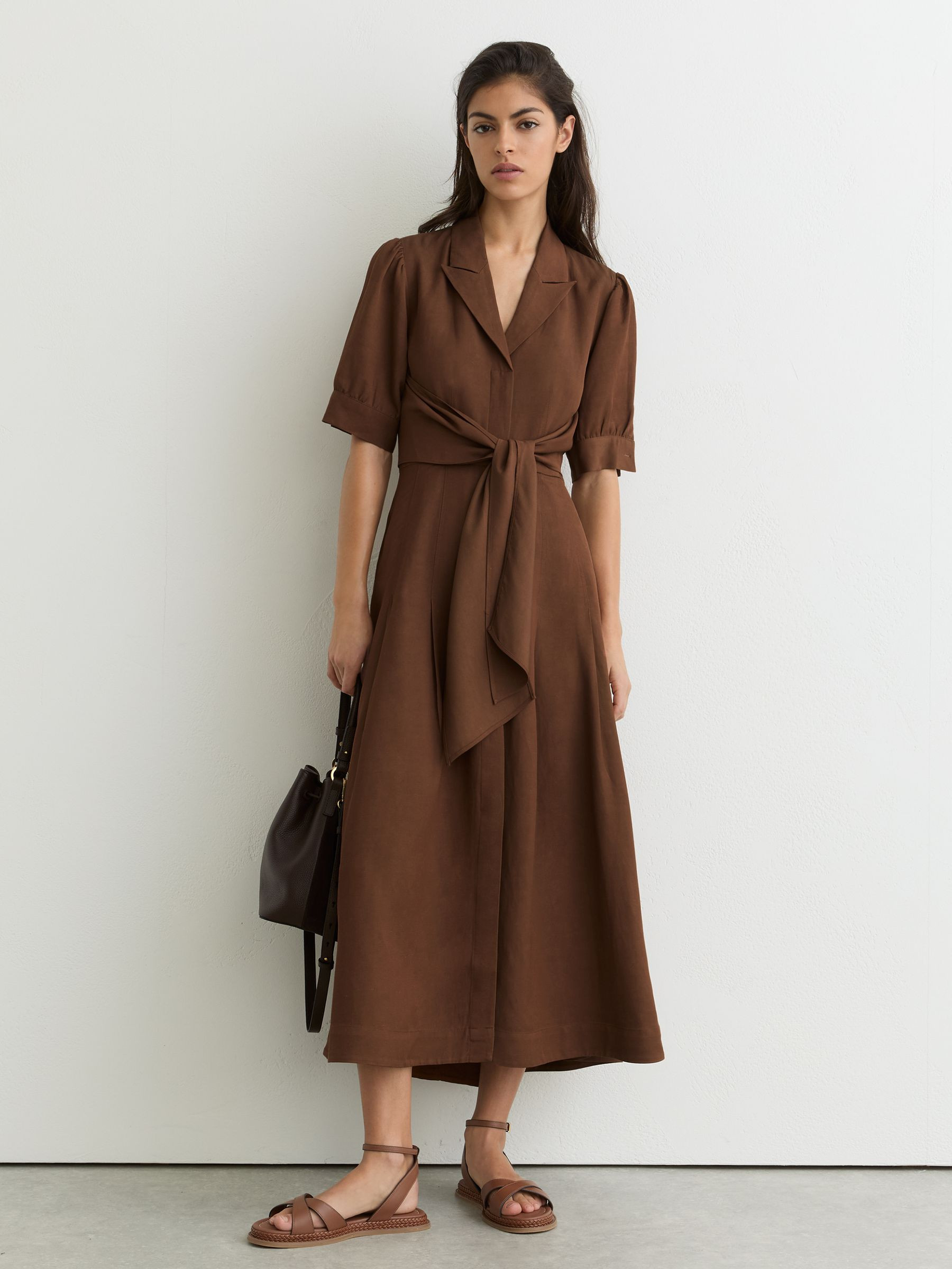 Reiss Short-Sleeve Belted Midi Dress with Linen in Rust Orange - REISS | Reiss UK
