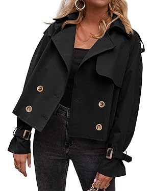Tankaneo Womens Cropped Trench Coat Double Breasted Lapel Long Sleeve Short Jacket Fashion Outerw... | Amazon (US)