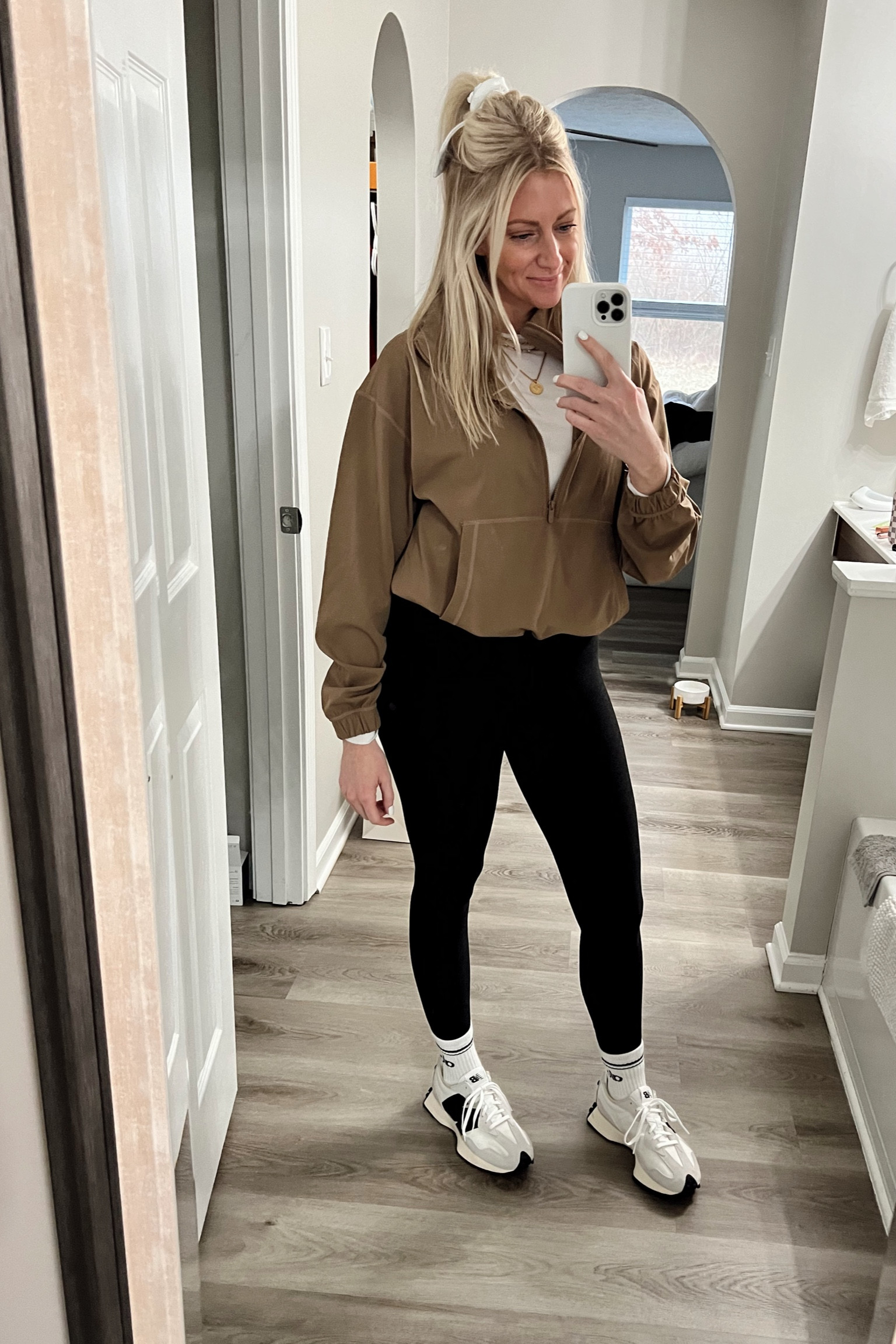 One of my top fav leggings 

Jacket is from meas active 

Abercrombie 
Vuori
New balance 327 sneakers
Alo crew socks 
Gold jewelry 
Scrunchie 

#LTKshoecrush #LTKfitness #LTKstyletip