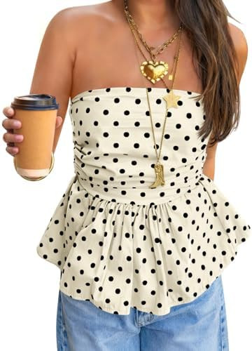 Tankaneo Womens Strapless Polka Dot Tube Tops Cute Backless Peplumn Ruffle Hem Bandeau Top Slim F... | Amazon (US)
