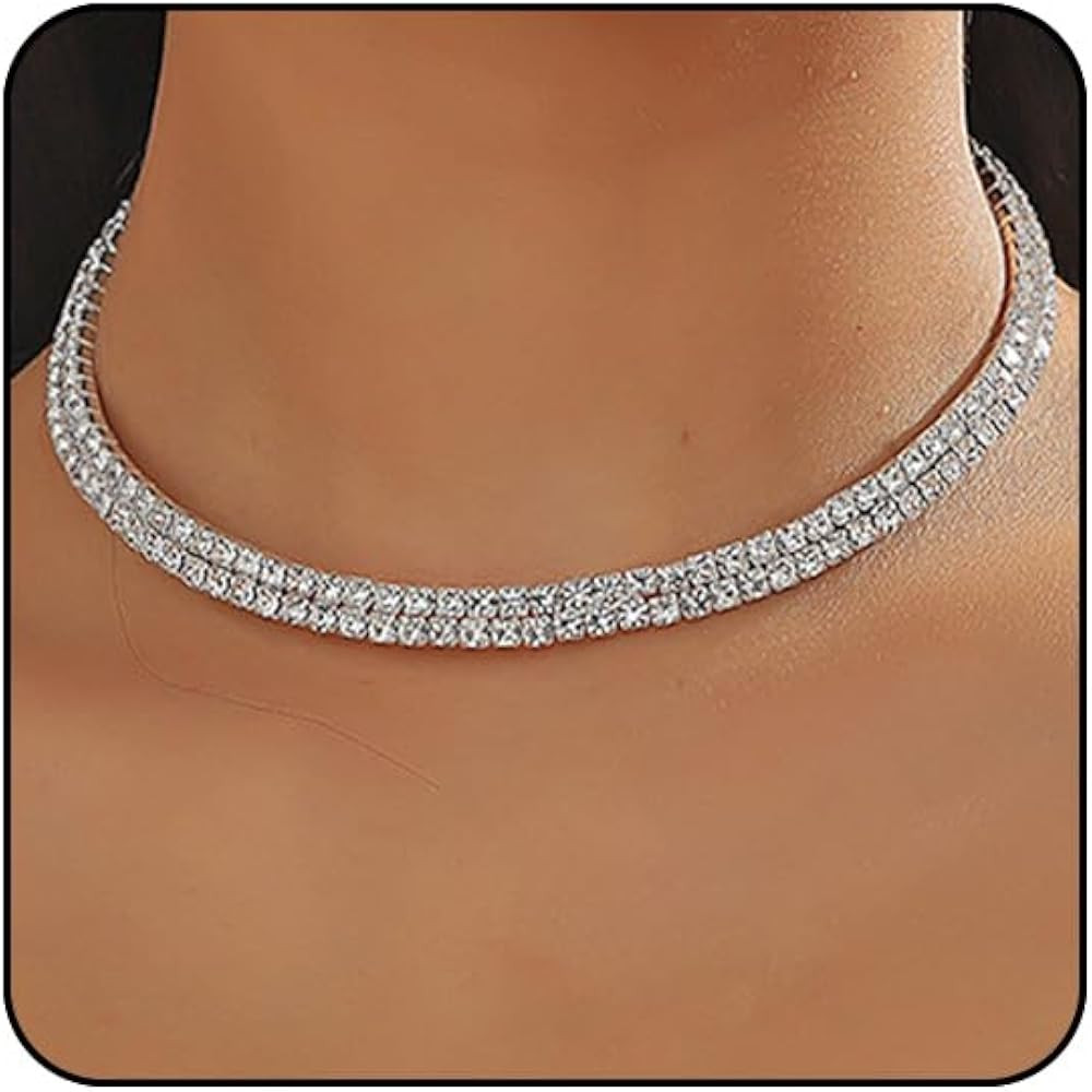 Rhinestone Tennis Necklaces Silver Choker Necklace for Women Bling Collar Necklace for Woman Stat... | Amazon (US)