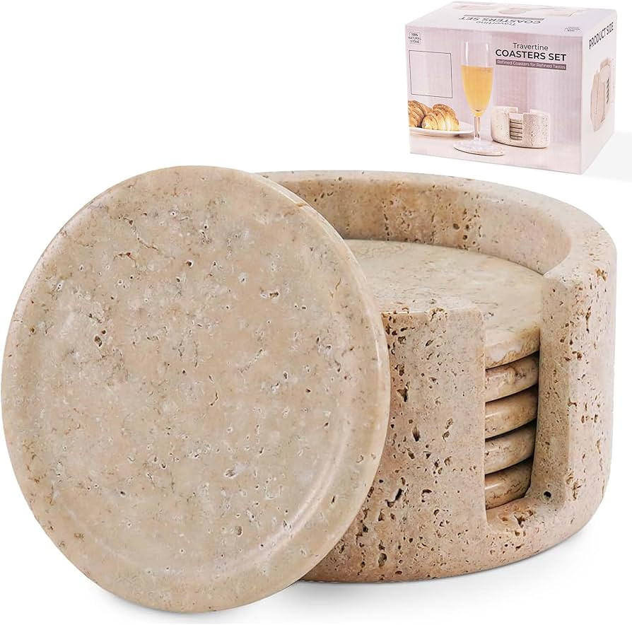 Marble Coasters Set of 6 Round 3.5 Inch Travertine Coaster for Drinks with Holder - Ideal Stone D... | Amazon (US)