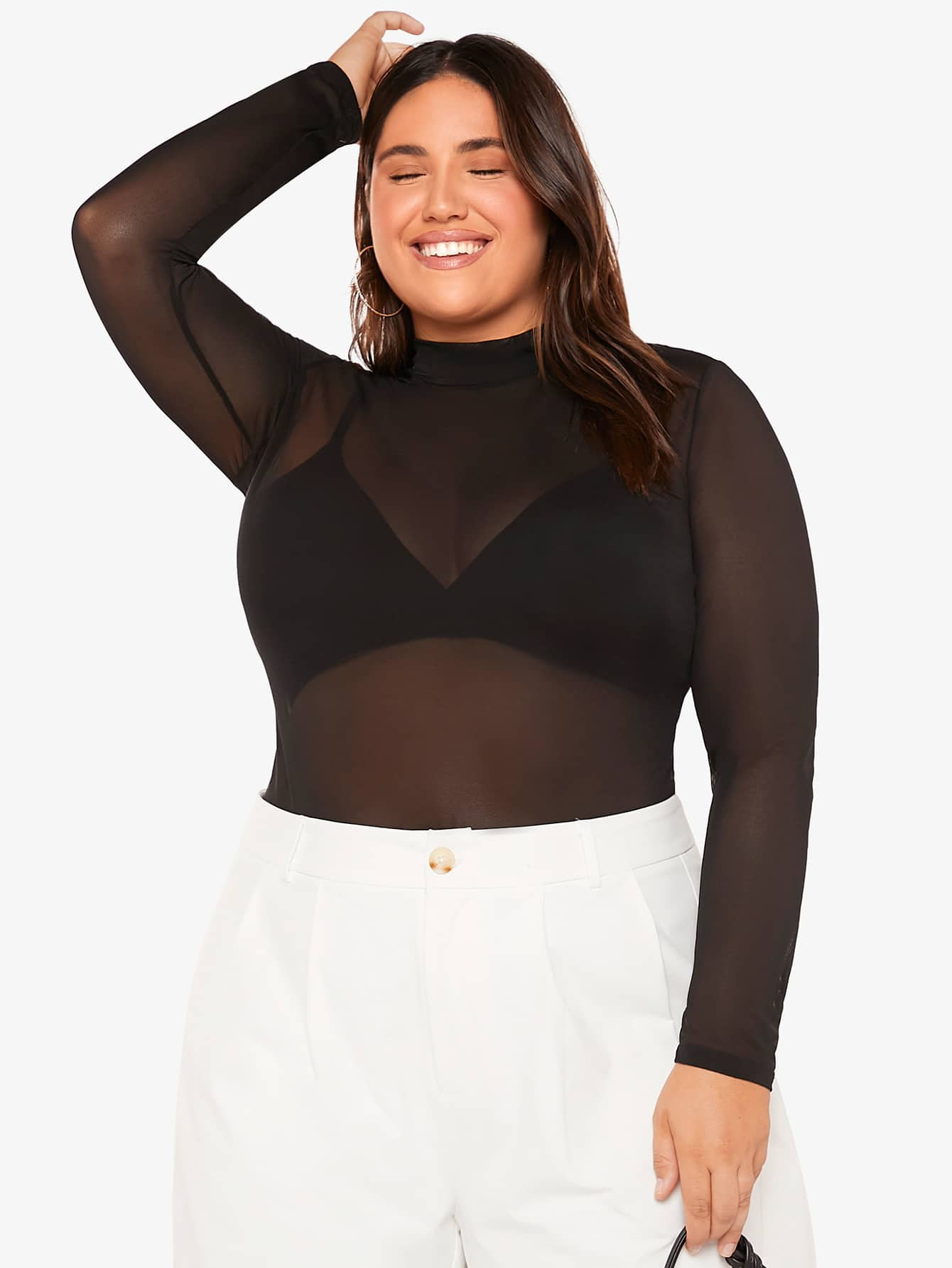 SHEIN BAE Plus Mock Neck Sheer Mesh Top Without Camisole | SHEIN