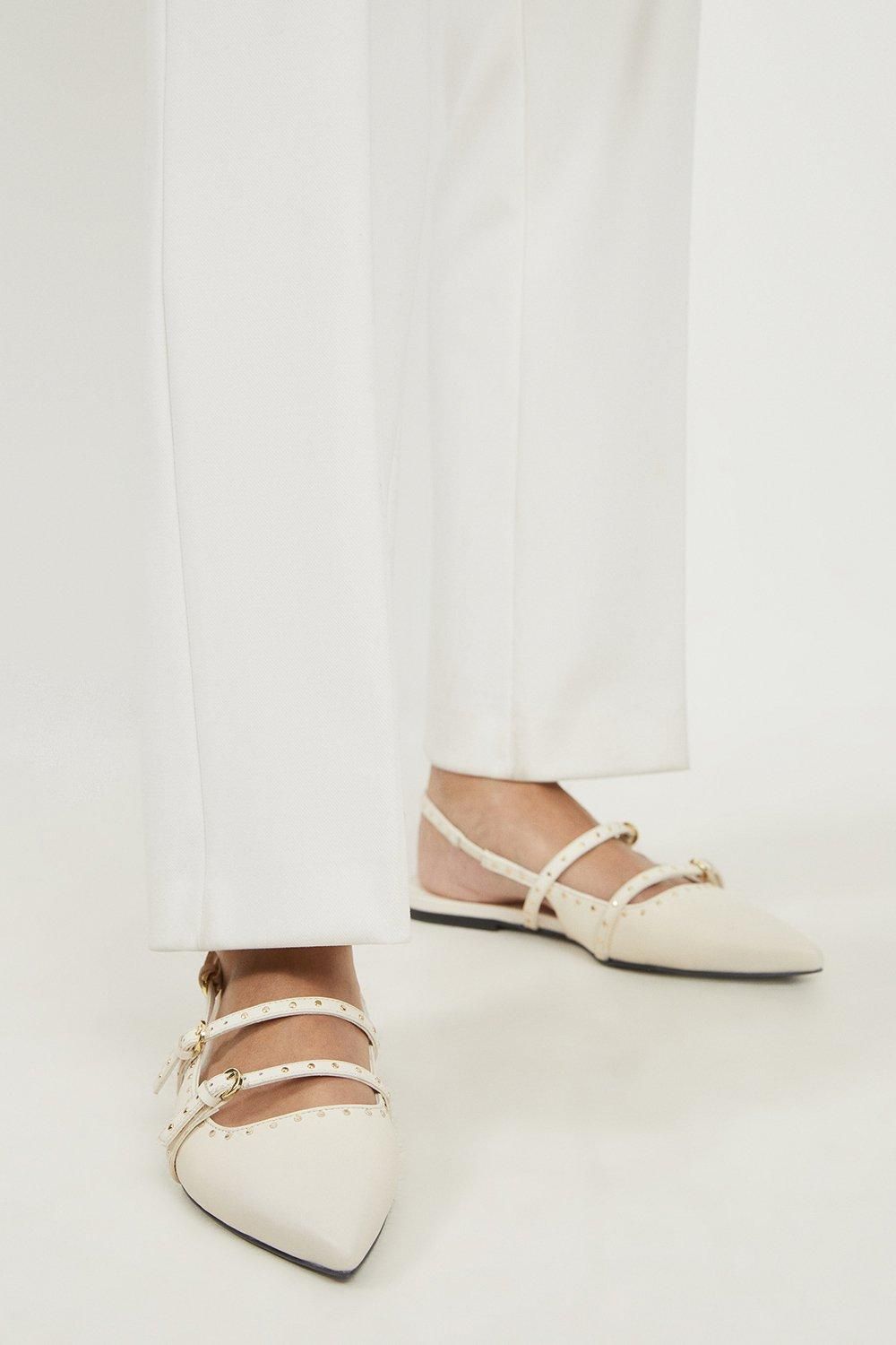 Leather Double Buckle Strap Studded Slingback Pointed Flats | Karen Millen US
