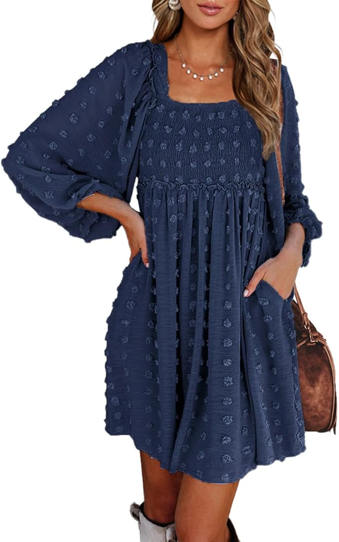 BTFBM Women's Square Neck Smocked Dresses Long Sleeve High Waist Floral Swiss Dot Flowy Babydoll Min | Amazon (US)