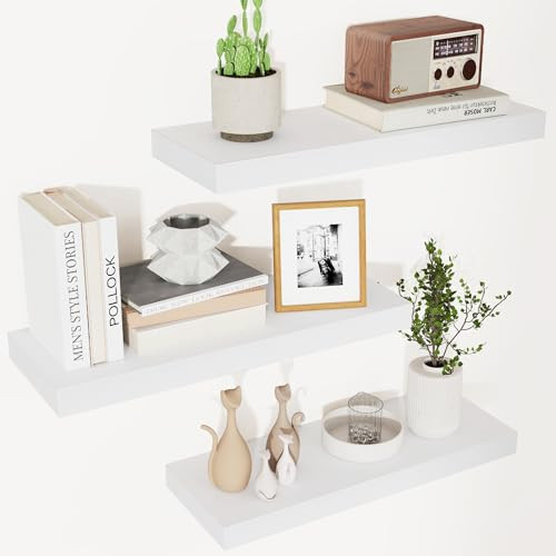 White Floating Shelves for Wall, Wooden Shelves for Wall Set of 3, Modern White Shelves for Bedroom Living Room Bathroom Kitchen, Shelves for Wall Decor Storage - White | Amazon (US)