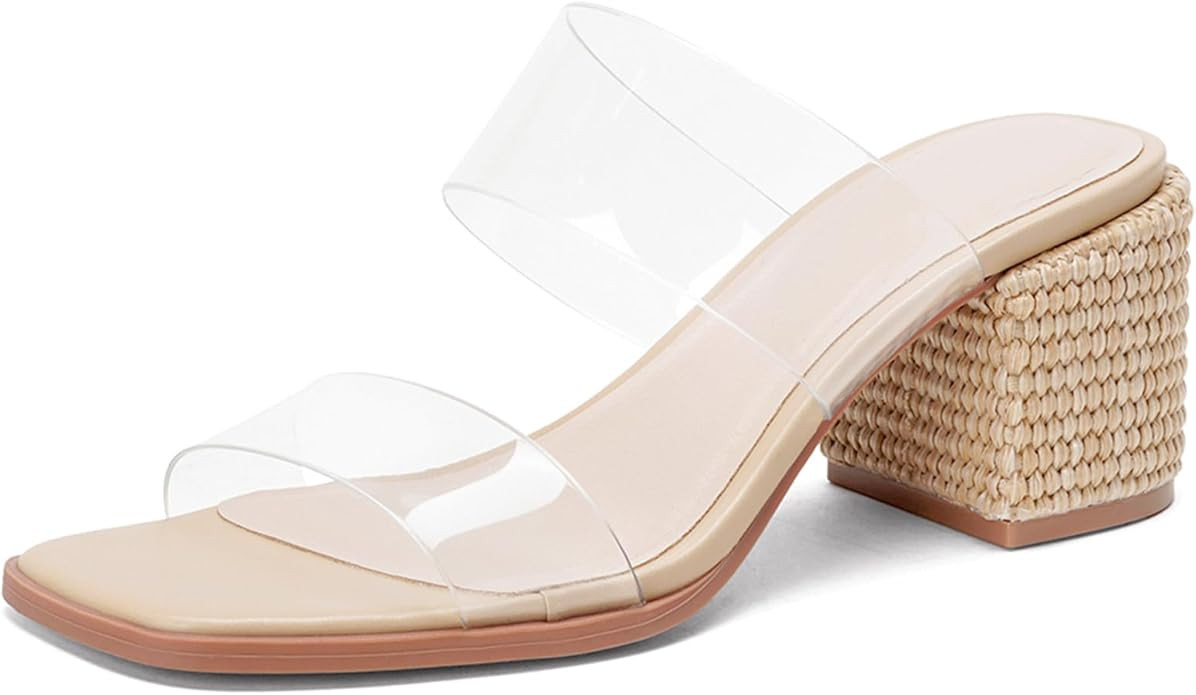 Raffia Heeled Sandals for Women Two Strap Raffia Sandals Square Open Toe Slip On Mules Block Chun... | Amazon (US)