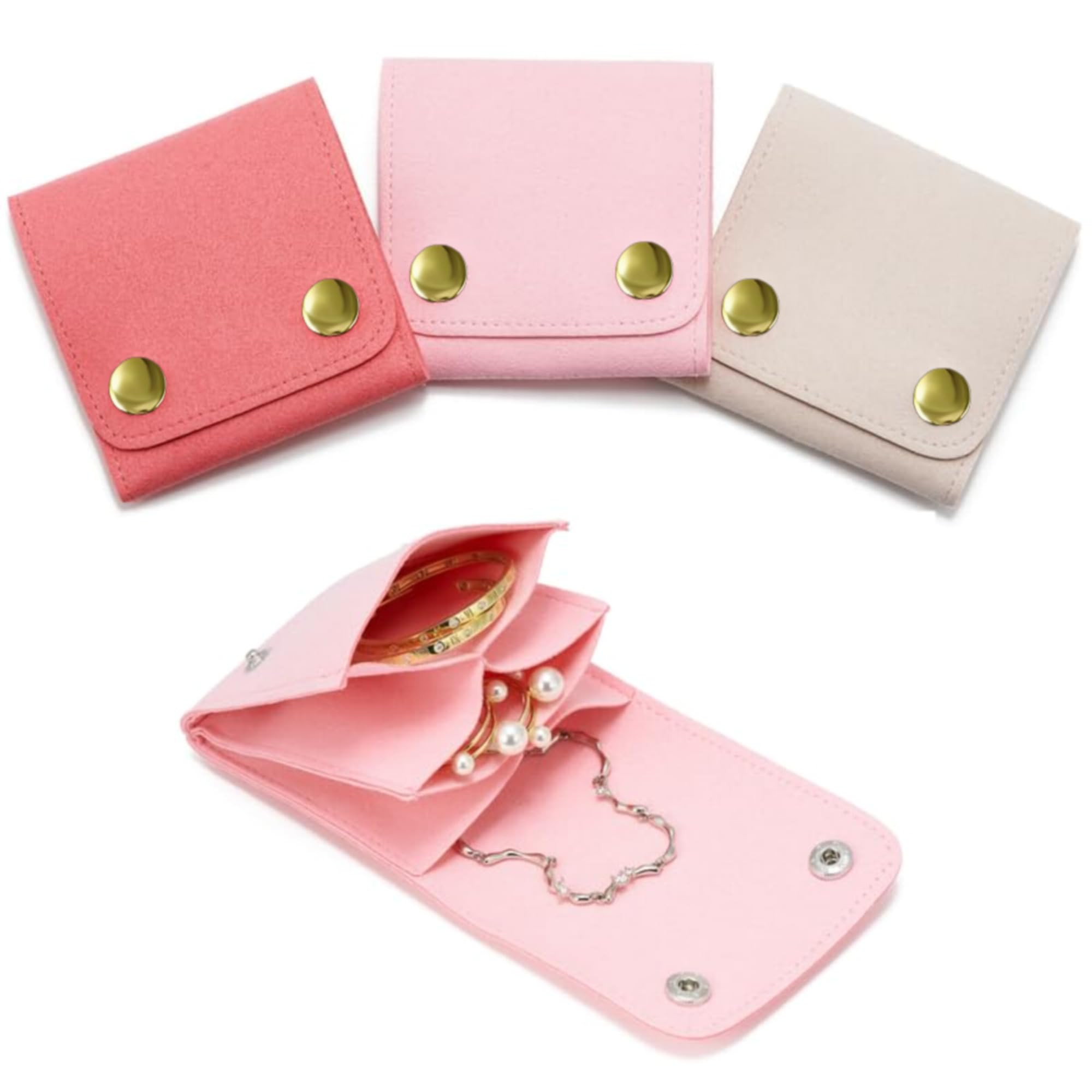 Small Jewelry Bags 3 Pcs Microfiber Jewerly Rolls Small Bags for Jewelry Gift Bags Jewelry Organizer Pouch with Snap Button for Bracelet Rings Necklace for Traveling Gifting, 3"x3", Pink | Amazon (US)