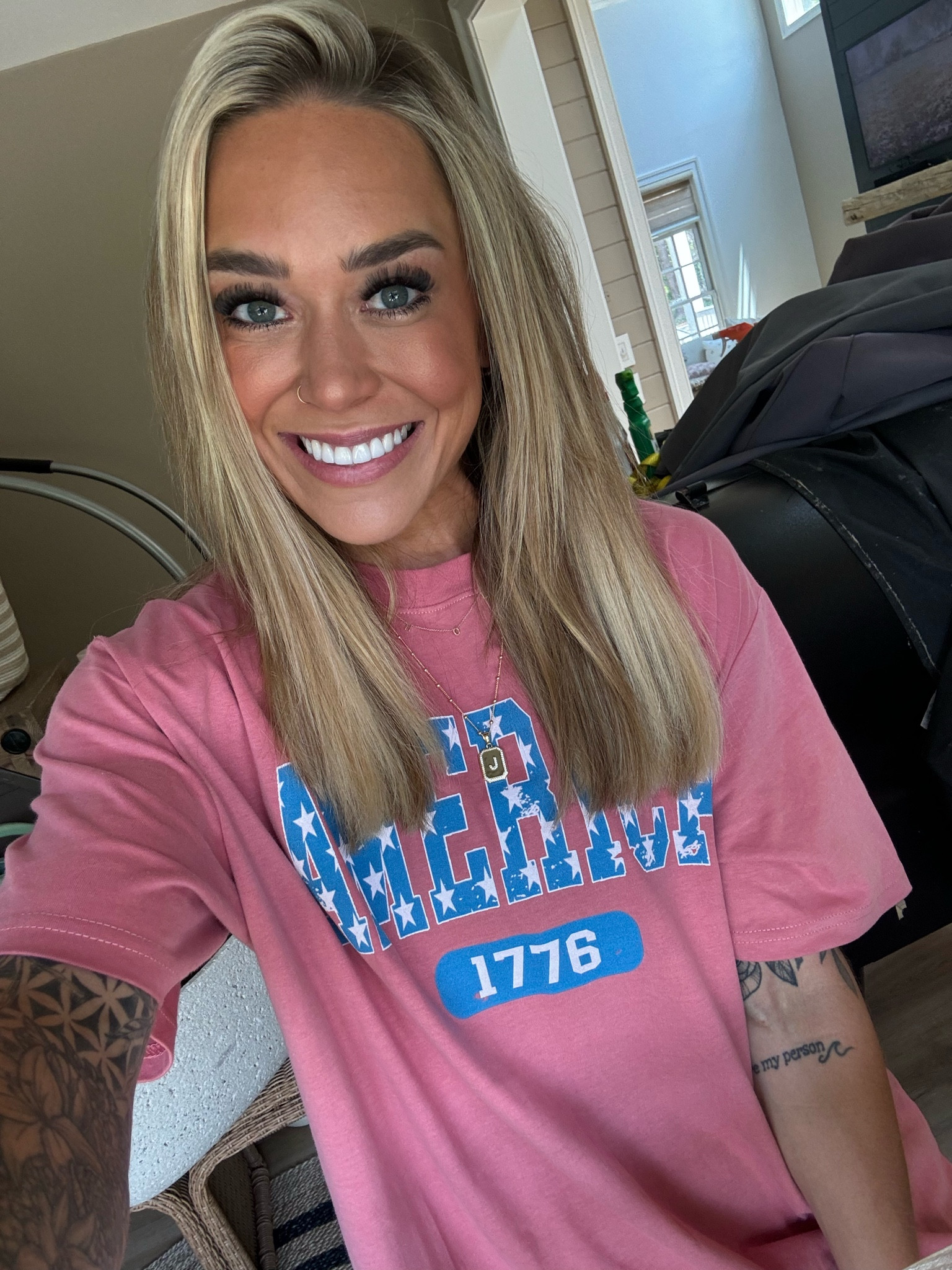 OOTD🤍⚡️🇺🇸 L in the tee (pink lily code HOLLEY20) & also linked up my new J necklace from Uncommon James! I love the detail & length on this one for layering! ☺️ 

Jewelry / pink lily / graphic tee / under $30 / summer outfit inspo / initial / Holley Gabrielle 

#LTKFindsUnder50 #LTKFindsUnder100 #LTKSeasonal