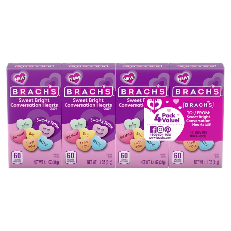 Brach's Valentines Sweet Bright Conversation Hearts, Hard Candy, 1.1 oz Box, 4 Count | Walmart (US)