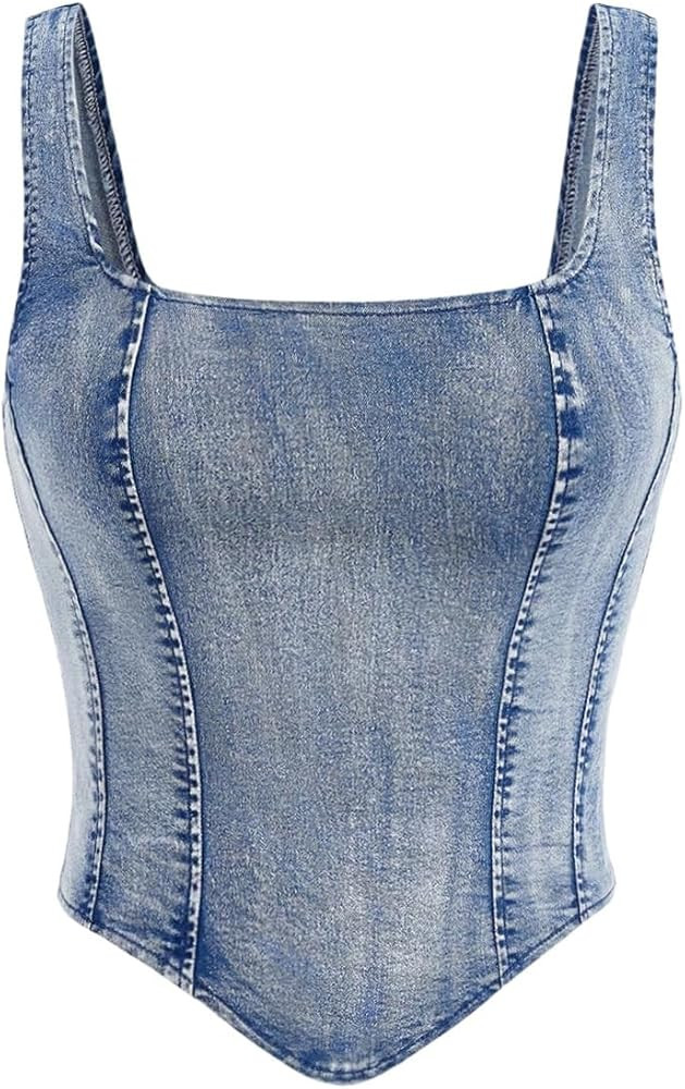 WDIRARA Women's Denim Corset Tank Top Asymmetrical Hem Crop Tops Sleeveless Zip Up Back Tanks | Amazon (US)