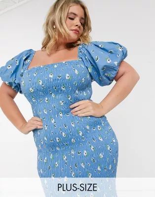 Never Fully Dressed Plus square neck puff sleeve shirred midi dress in blue floral print | ASOS (Global)