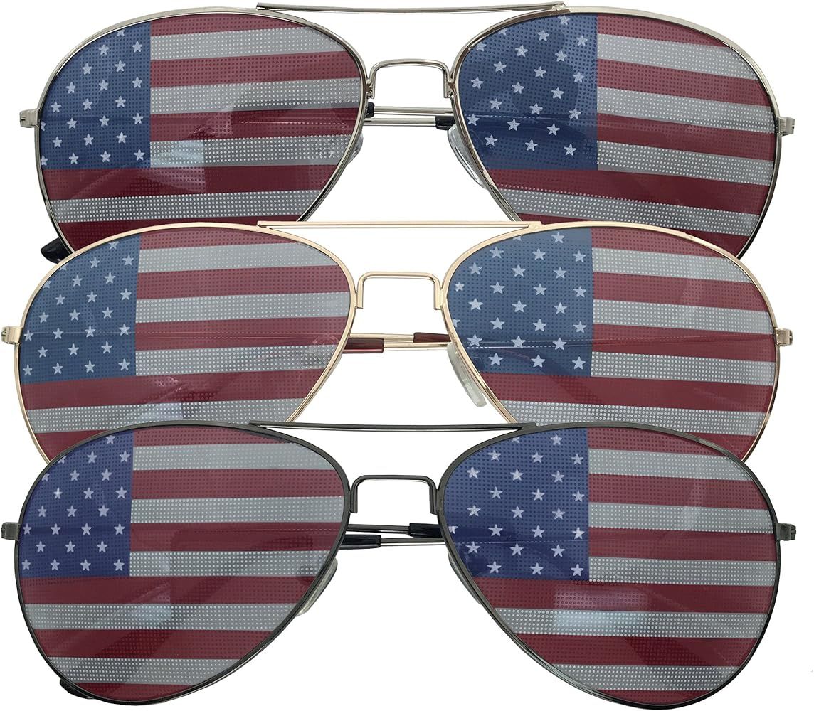 3 Pack Bulk USA America Glasses - American Flag Aviator Sunglasses - Assorted Colors | Amazon (US)