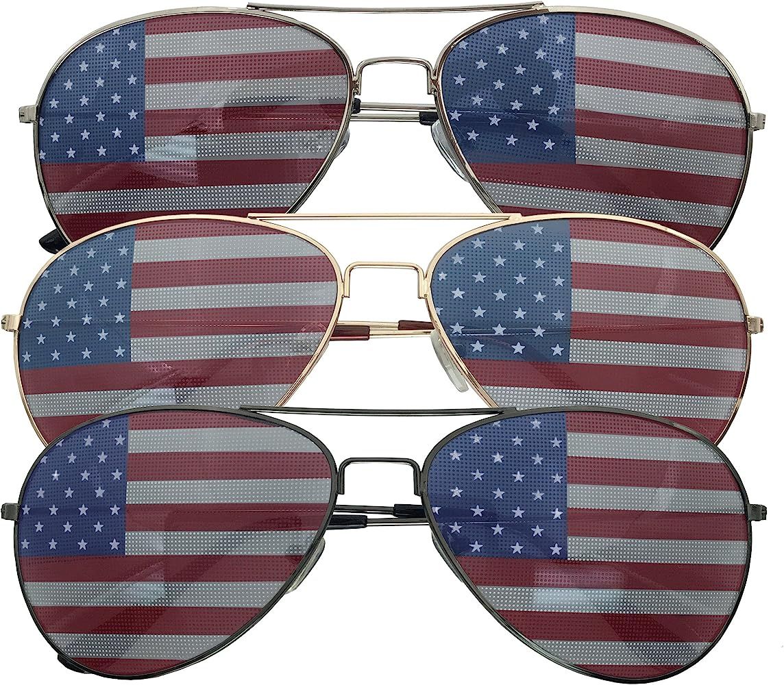 3 Pack Bulk USA America Glasses - American Flag Aviator Sunglasses - Assorted Colors | Amazon (US)