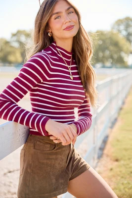 Fall Feeling Burgundy Striped Mock Neck Knit Top | Pink Lily