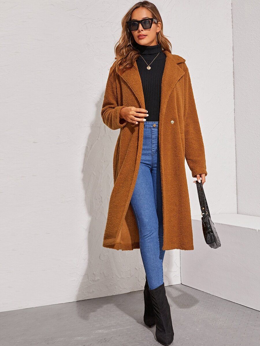 Notched Collar Single Buttoned Teddy Coat | SHEIN