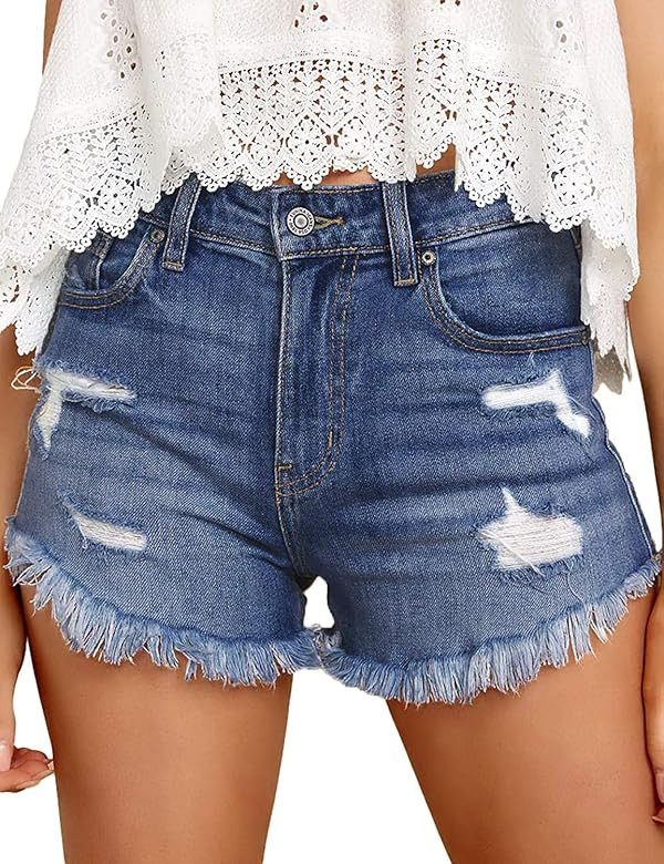 Angerella Denim Shorts for Women Mid Rise Ripped Jean Shorts Stretchy Folded Hem Hot Short Jeans | Amazon (US)