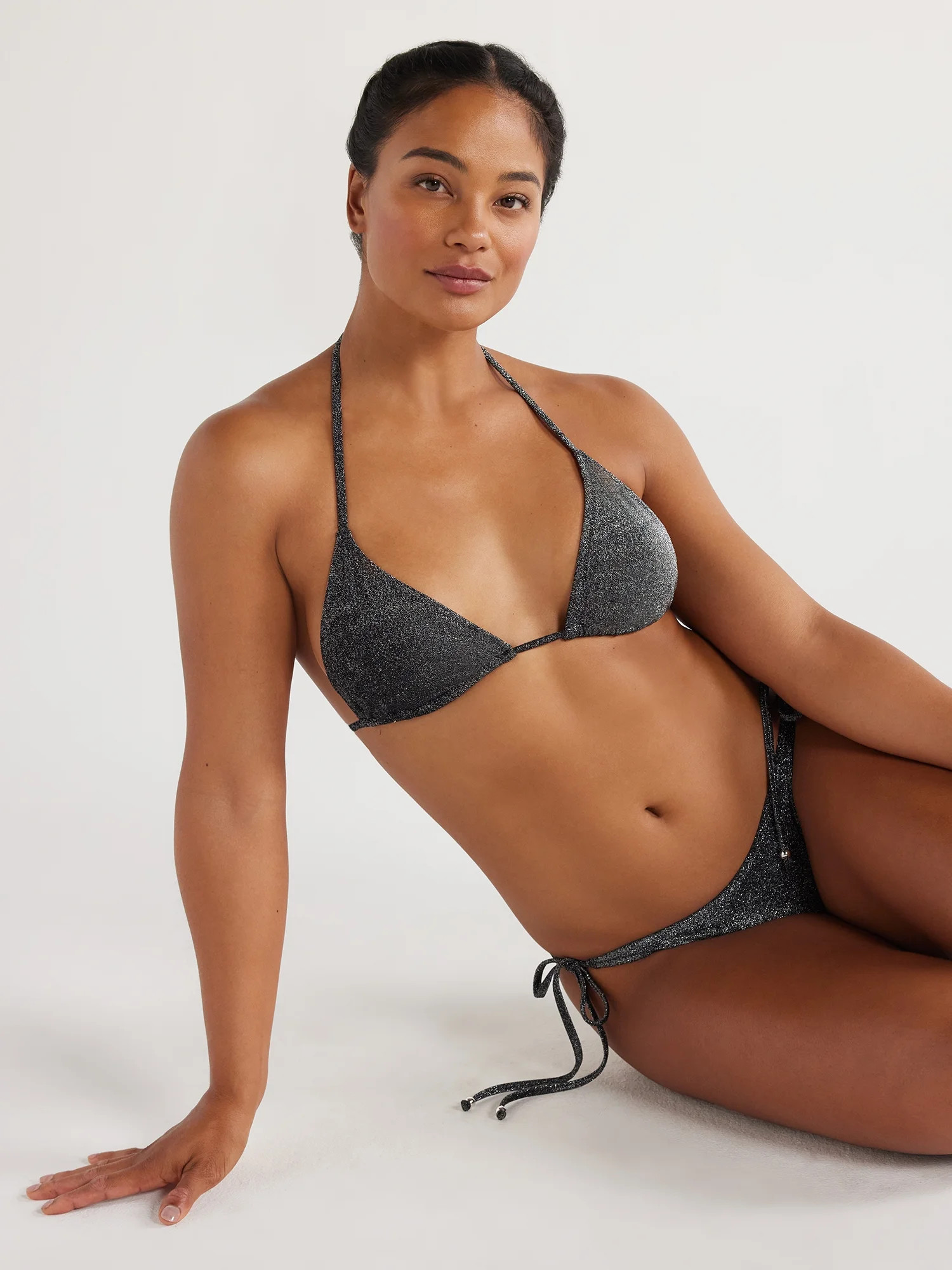 Love & Sports Women's Metallic Triangle Bikini Top with Beads, Black, Sizes XS-XXL | Walmart (US)