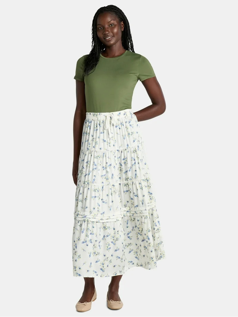 Time and Tru Women's Printed Tiered Midi Skirt, Sizes XS-XXXL - Walmart.com | Walmart (US)