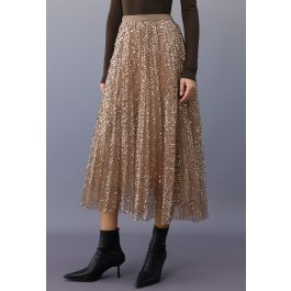 Gilded Glow Sequin Embellished Mesh Tulle Midi Skirt for Weddings & Cocktail Parties | Chicwish