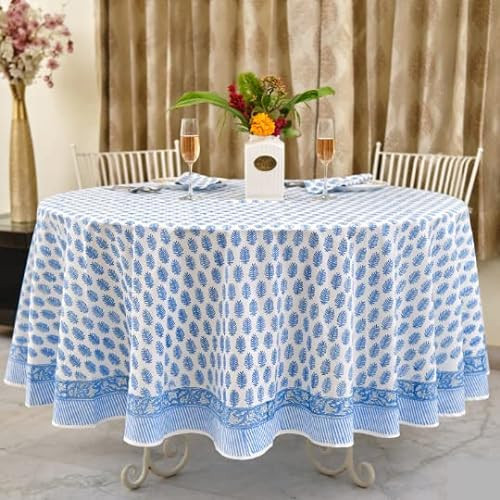 Ridhi Cerulean Blue 100% Cotton Spring Summer Round Tablecloth, Block Print Table Cloth for Dining, Weddings, Outdoors, Parties, Grand Millenial Home 60" Inches Round | Amazon (US)