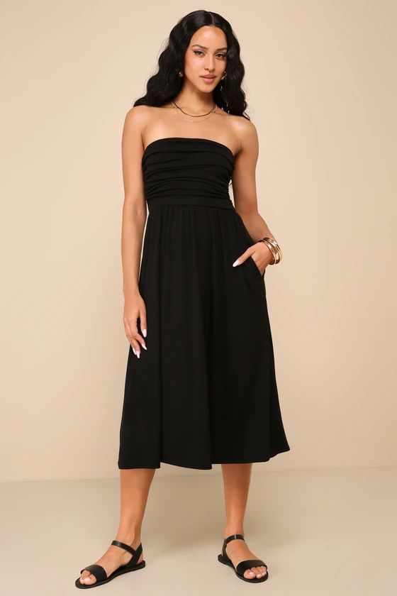 Black Strapless Midi Dress With Pockets | Black Dress Casual | Black Dress Outfit | Lulus