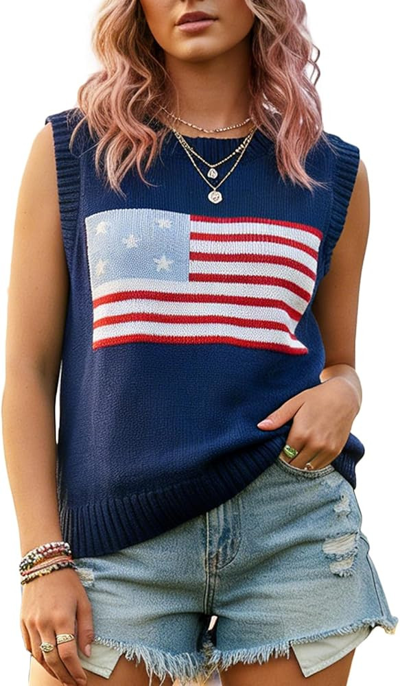 RUEWEY Womens American Flag Sweater Vest Summer Sleeveless Knit Crop Tops 4th of July Patriotic T... | Amazon (US)