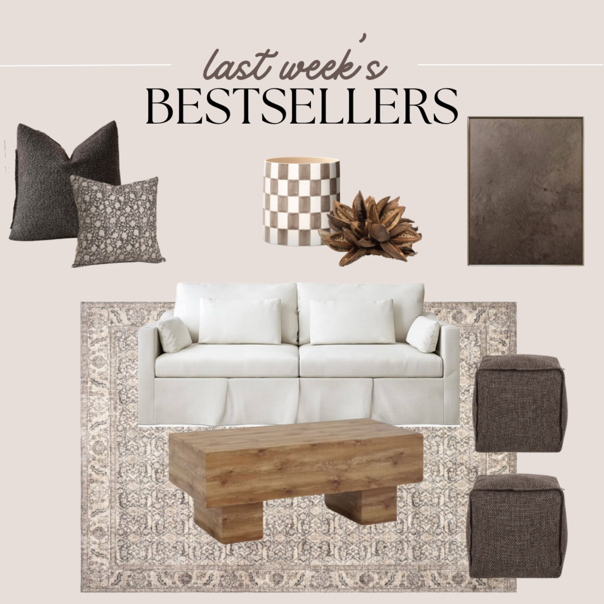 Rustic organic modern bestsellers!
Slipcovered washable sofa, 8x10 area rug under $150, brown poufs, designer dupe coffee table, moody wall art, checkered planter, dried star pod, Amazon home decor

#LTKSaleAlert #LTKFindsUnder100 #LTKHome