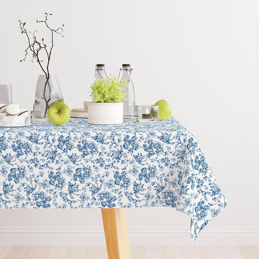 Blue and White Tablecloth Vintage Rectangle Tablecloth, Rustic Blue Floral Table cloth, Washable ... | Amazon (US)