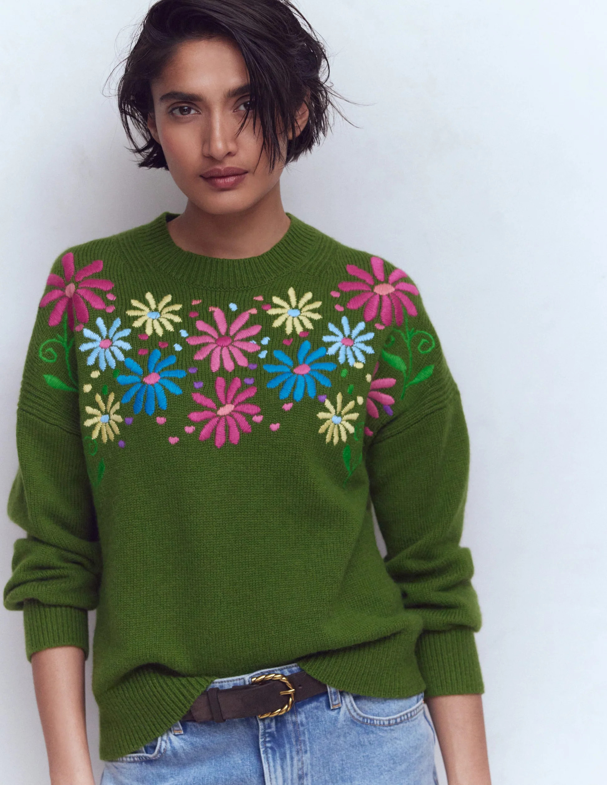 Isa Embroidered Jumper-Herb Garden, Green Flowers | Boden UK