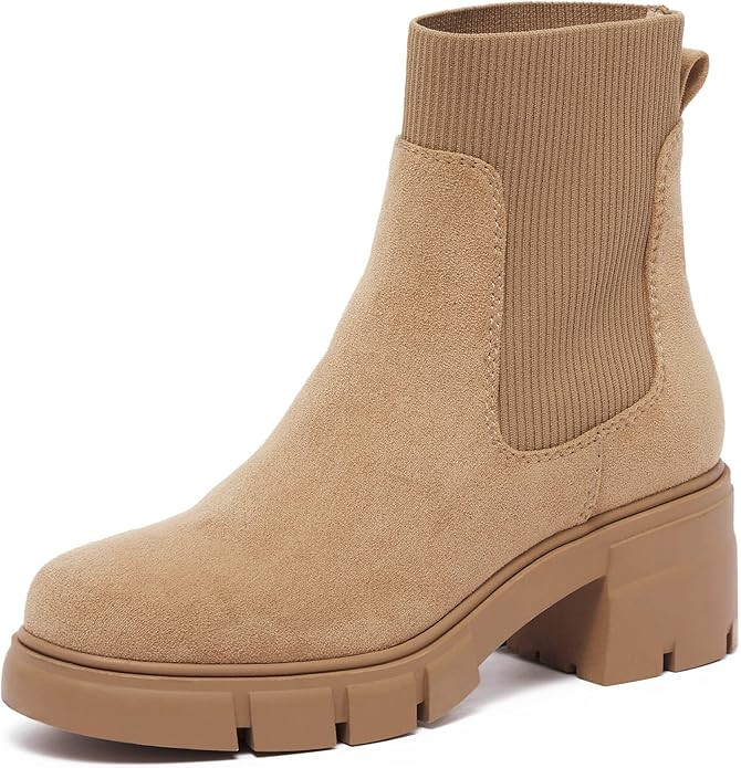 REDTOP Women's Elastic Chelsea Boots Chunky Block Heel Platform Lug Sole Ankle Booties | Amazon (US)