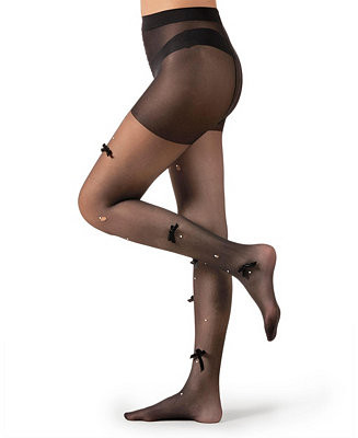 Women's Sheer Fashion Velvet Bows and Faux Pearl Studded Tights | Macy's