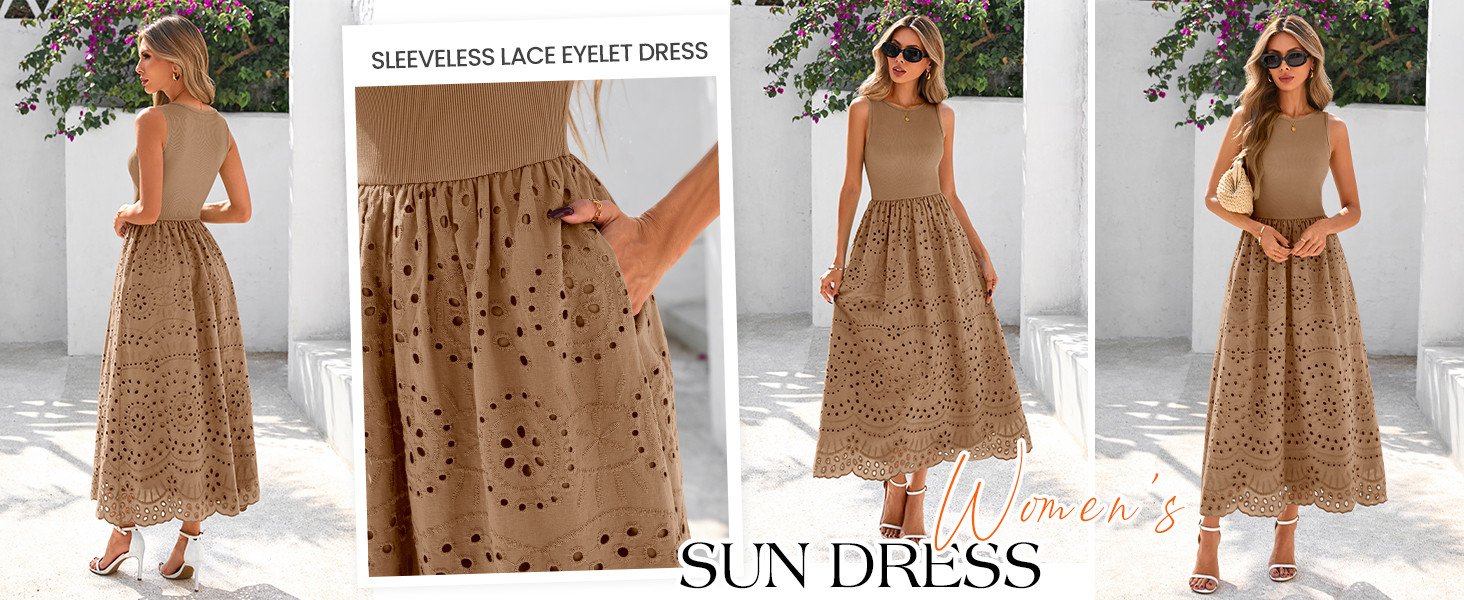 dowerme Women Summer Dresses 2026 Casual Sleeveless Crewneck A-Line Boho Lace Eyelet Cotton Tank ... | Amazon (US)