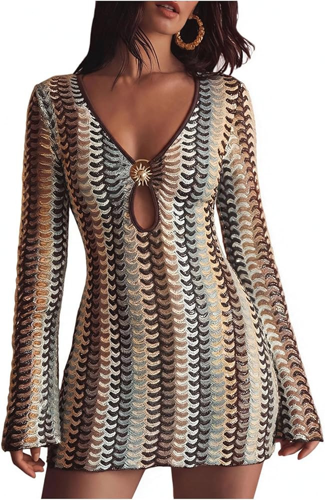 GORGLITTER Women's Crochet Long Sleeve Mini Dress Bikini Swimsuit Cover Ups | Amazon (US)