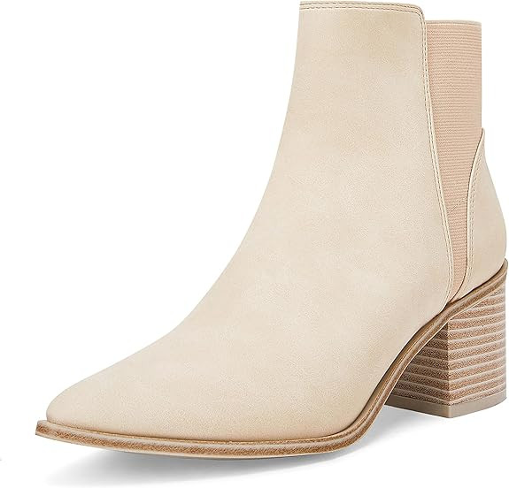 Coutgo Womens Ankle Boots Slip On Chunky Stacked Mid Heel Pointed Toe Elastic Faux Leather Bootie... | Amazon (US)